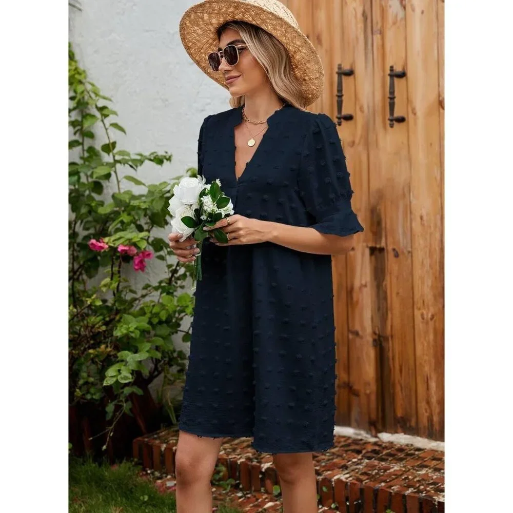 Women Royal Blue Polyester V-Neck Loose Fit Short Sleeve Knee Length Shift Dress - Picture 3 of 6